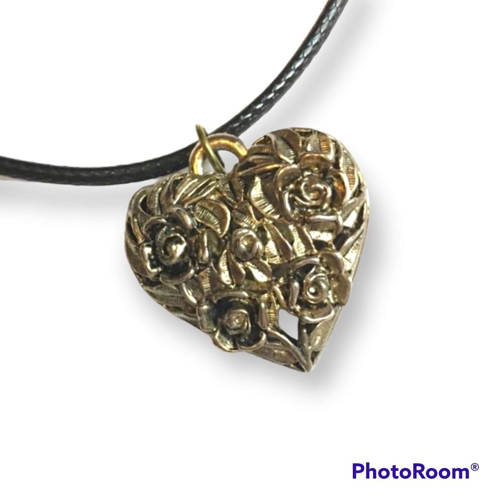 Upcycled 3D flowers  heart pendant necklace, brass tone